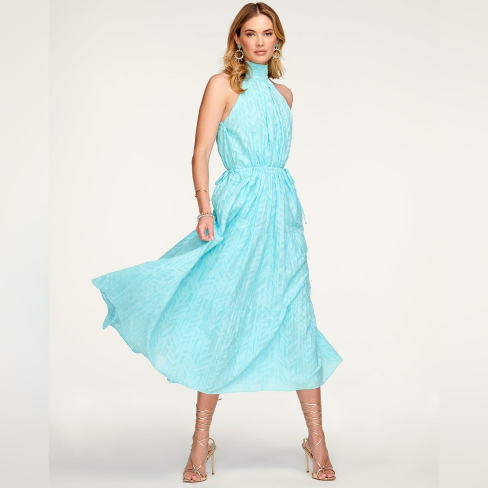 RAMY BROOK Jess Halter Midi Dress Sky Blue Textured Cotton Back Bow Tie Size XS